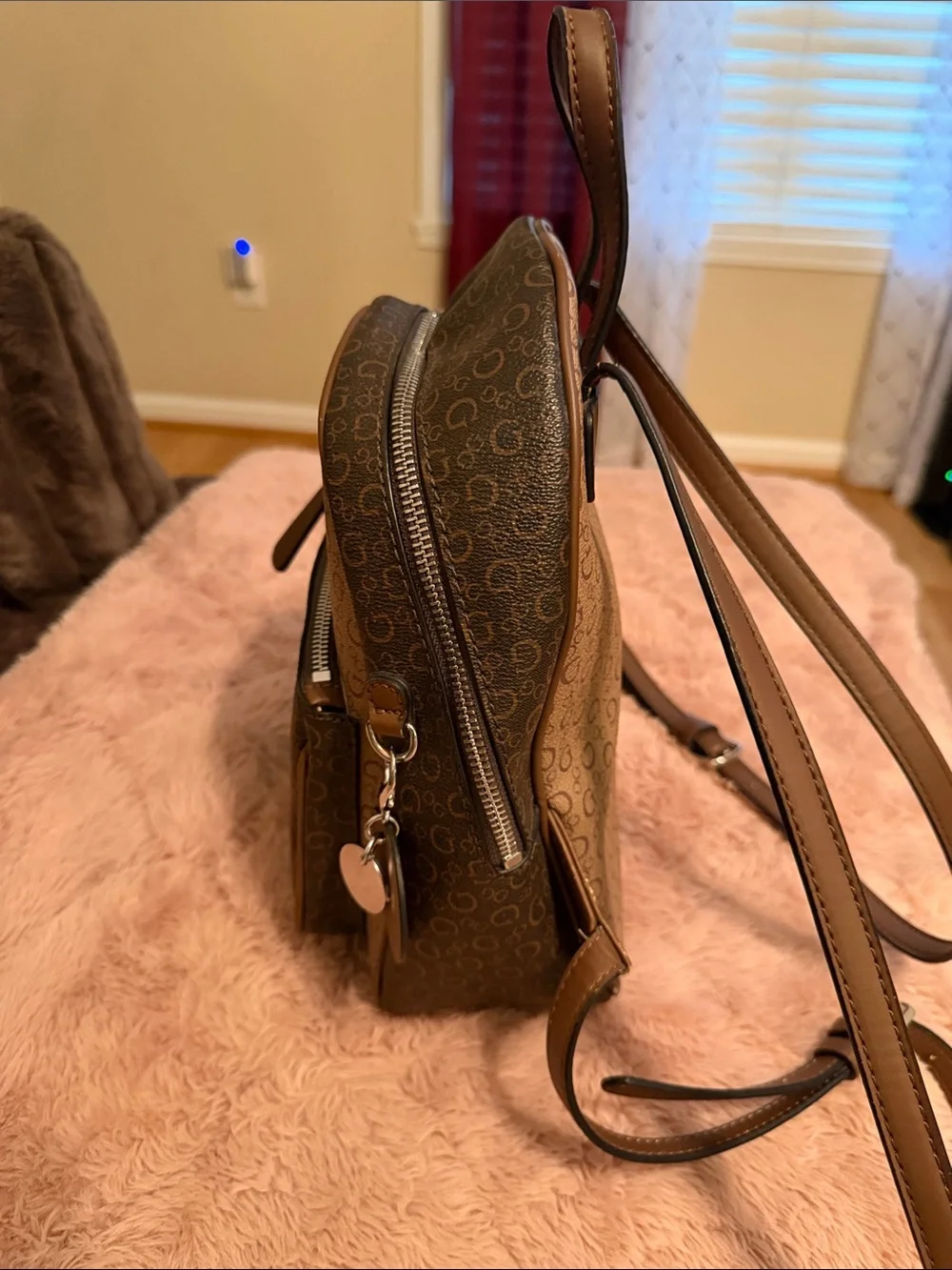 GUESS Brown Monogram Mini Backpack - Brown
